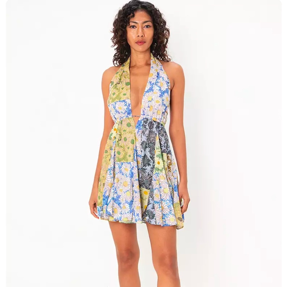Zara Floral Halter Plunge Festival boho backless Vacation Cotton Summer Dress XL - Picture 2 of 4